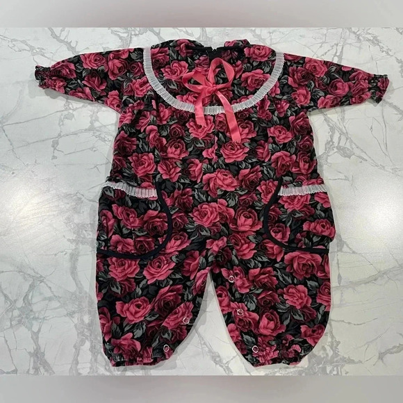 Vintage Floral Bubble Long Sleeve Jumpsuit Bib Collar & Bow Pink Baby Girl - Picture 1 of 4